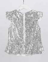 Girls Mermaid Sparkly Sequins Short Flutter Cap Sleeves Ruffle T-shirts Dance Performance Party Tops