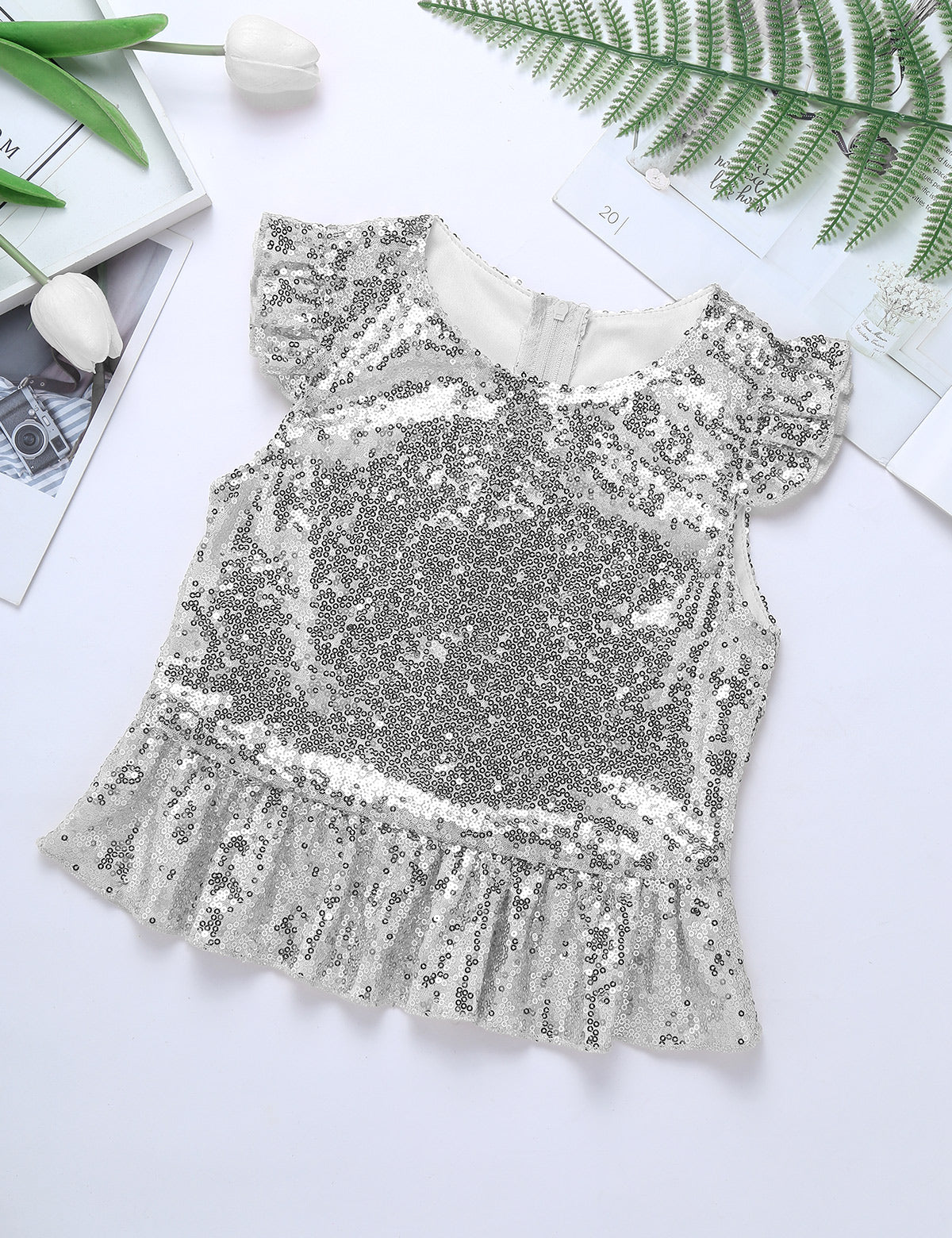 Girls Mermaid Sparkly Sequins Short Flutter Cap Sleeves Ruffle T-shirts Dance Performance Party Tops
