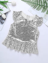 Girls Mermaid Sparkly Sequins Short Flutter Cap Sleeves Ruffle T-shirts Dance Performance Party Tops