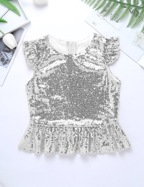Girls Mermaid Sparkly Sequins Short Flutter Cap Sleeves Ruffle T-shirts Dance Performance Party Tops