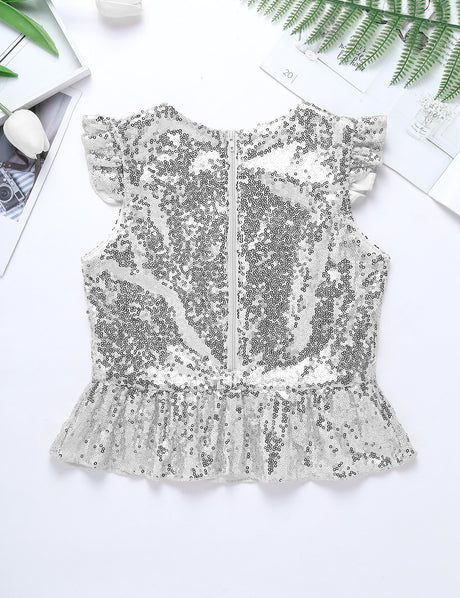 Girls Mermaid Sparkly Sequins Short Flutter Cap Sleeves Ruffle T-shirts Dance Performance Party Tops