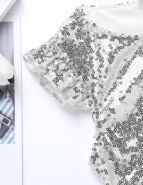 Girls Mermaid Sparkly Sequins Short Flutter Cap Sleeves Ruffle T-shirts Dance Performance Party Tops