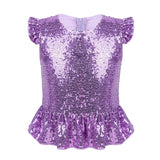 Girls Mermaid Sparkly Sequins Short Flutter Cap Sleeves Ruffle T-shirts Dance Performance Party Tops