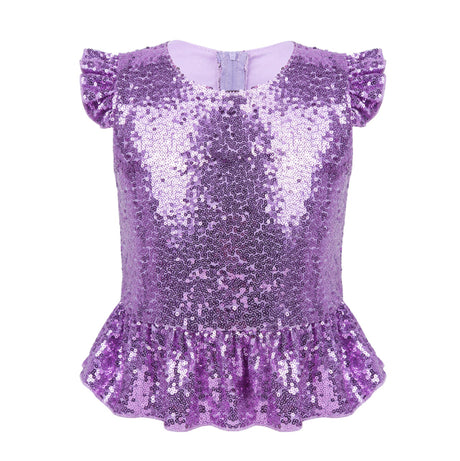 Girls Mermaid Sparkly Sequins Short Flutter Cap Sleeves Ruffle T-shirts Dance Performance Party Tops