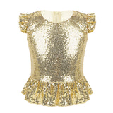 Girls Mermaid Sparkly Sequins Short Flutter Cap Sleeves Ruffle T-shirts Dance Performance Party Tops