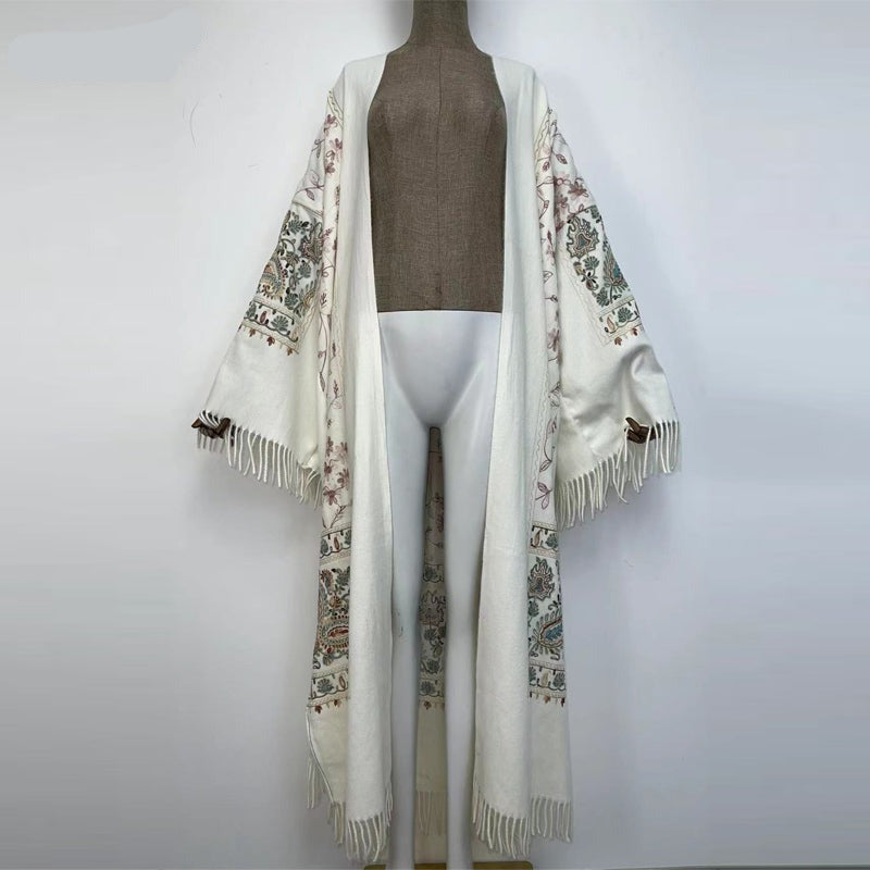 Long Winter Fringed Embroidered Pashmina Overcoat Kimono 13 Colours