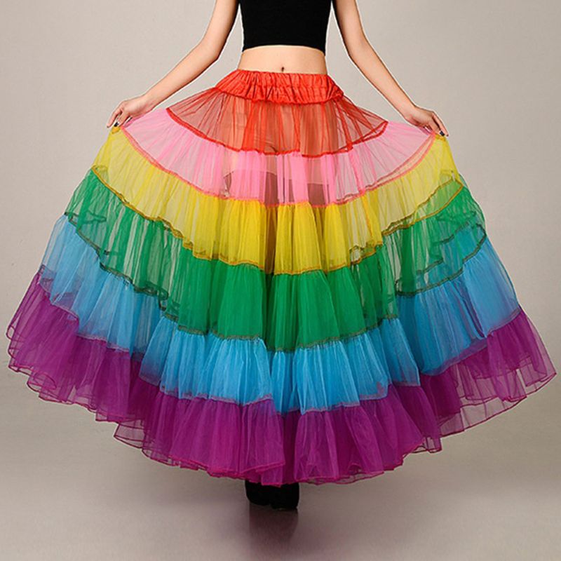 Rainbow Crinoline Pettiskirt Long Underskirt Mesh Tutu Dance Skirt