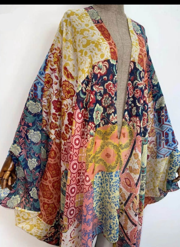 Sheer Kimono Kaftan Boho Patchwork Print Cover Up