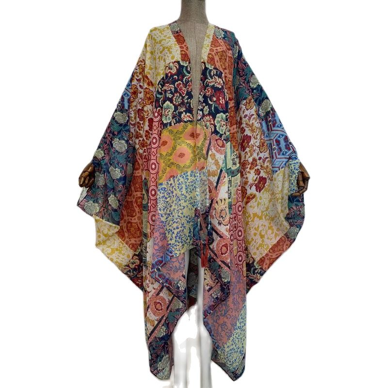 Sheer Kimono Kaftan Boho Patchwork Print Cover Up