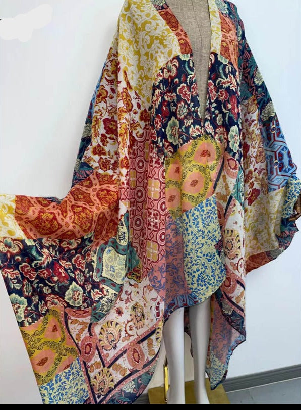 Sheer Kimono Kaftan Boho Patchwork Print Cover Up
