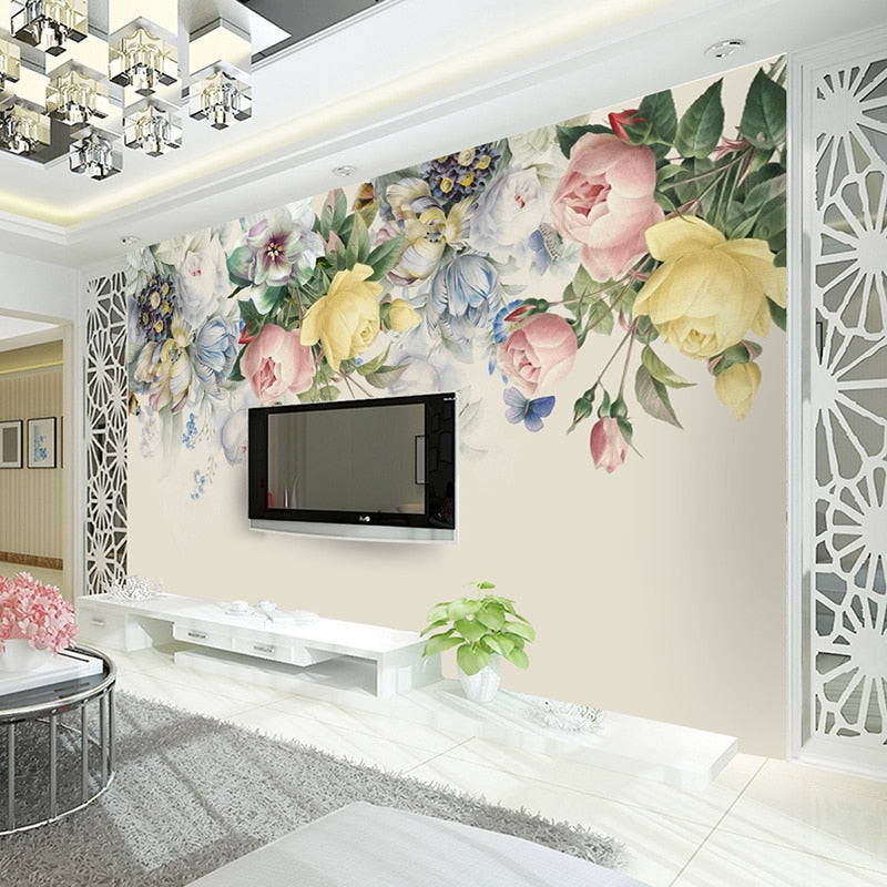 Hand Painted Rose Flower Wall Mural Wallpaper
