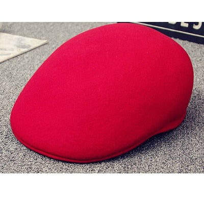 Wool Felt Cabbie Ascot Ivy Cap - Camel Black Red