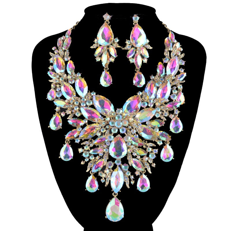Iridescent Crystal Raindrops Statement Necklace and Earring Set AU