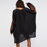 Black Boho Embroidered Long Sleeve Short Dress or Long Top