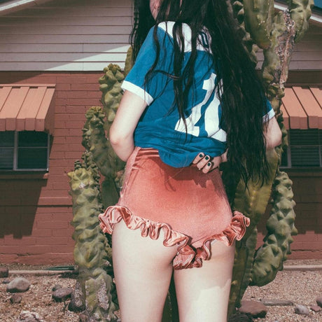 Velvet Short Shorts - Ruffle Trim Mini Shorts