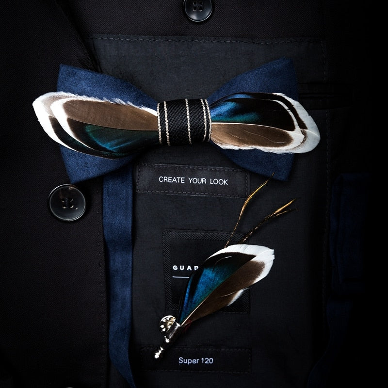 Natural Feather Handmade Bow Tie & Lapel Pin Gift Box Set For Men
