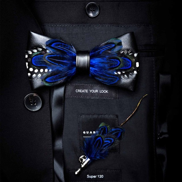 Natural Feather Handmade Bow Tie & Lapel Pin Gift Box Set For Men.