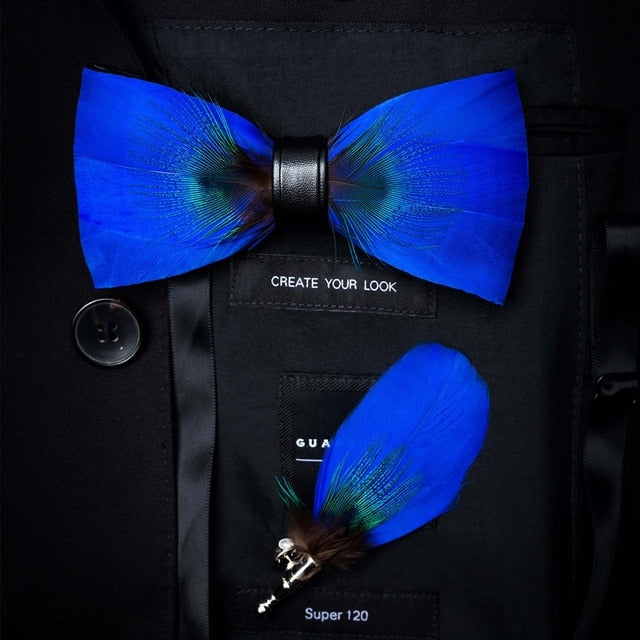 Natural Feather Handmade Bow Tie & Lapel Pin Gift Box Set For Men.