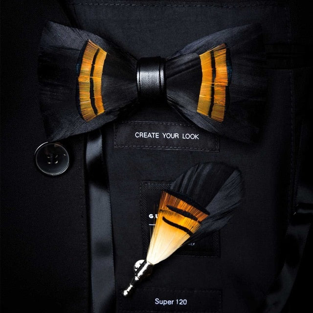 Natural Feather Handmade Bow Tie & Lapel Pin Gift Box Set For Men.