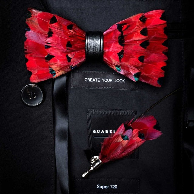 Natural Feather Handmade Bow Tie & Lapel Pin Gift Box Set For Men
