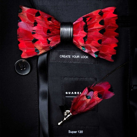 Natural Feather Handmade Bow Tie & Lapel Pin Gift Box Set For Men