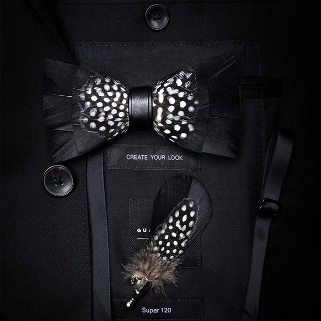 Natural Feather Handmade Bow Tie & Lapel Pin Gift Box Set For Men.