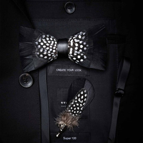 Natural Feather Handmade Bow Tie & Lapel Pin Gift Box Set For Men.