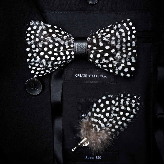 Natural Feather Handmade Bow Tie & Lapel Pin Gift Box Set For Men.