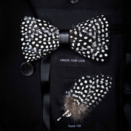 Natural Feather Handmade Bow Tie & Lapel Pin Gift Box Set For Men.