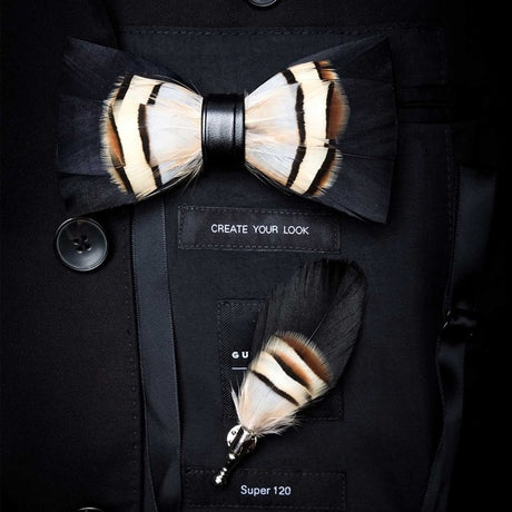 Natural Feather Handmade Bow Tie & Lapel Pin Gift Box Set For Men