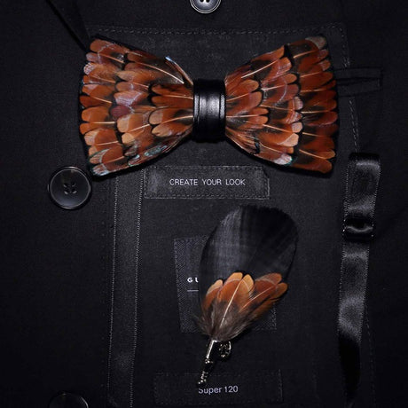 Natural Feather Handmade Bow Tie & Lapel Pin Gift Box Set For Men