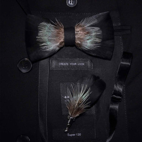 Natural Feather Handmade Bow Tie & Lapel Pin Gift Box Set For Men