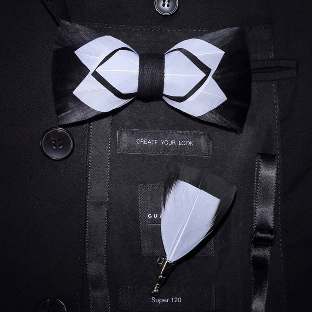 Natural Feather Handmade Bow Tie & Lapel Pin Gift Box Set For Men