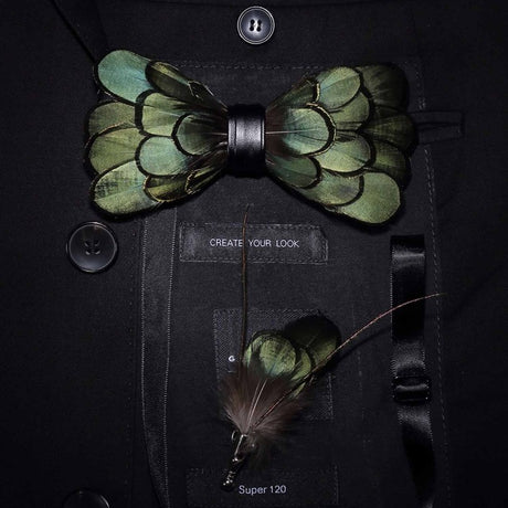 Natural Feather Handmade Bow Tie & Lapel Pin Gift Box Set For Men.