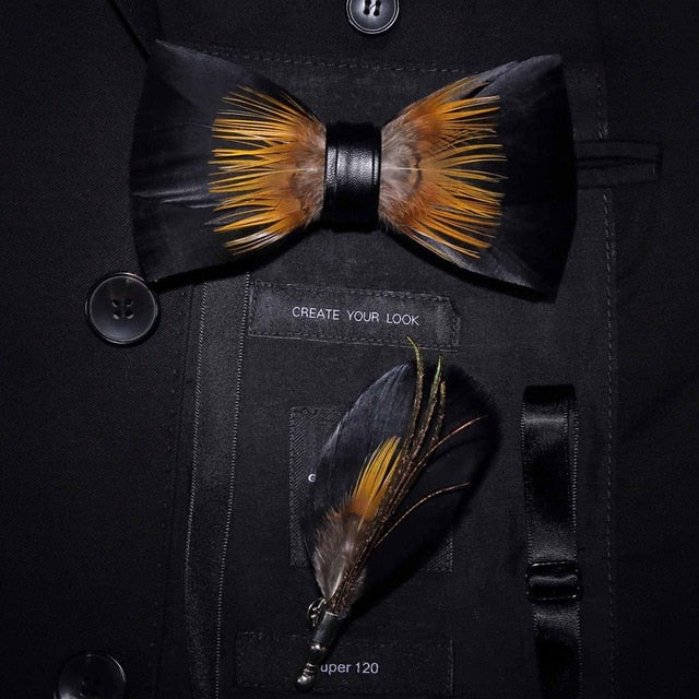 Natural Feather Handmade Bow Tie & Lapel Pin Gift Box Set For Men