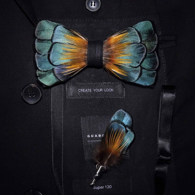 Natural Feather Handmade Bow Tie & Lapel Pin Gift Box Set For Men