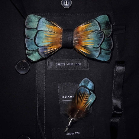 Natural Feather Handmade Bow Tie & Lapel Pin Gift Box Set For Men