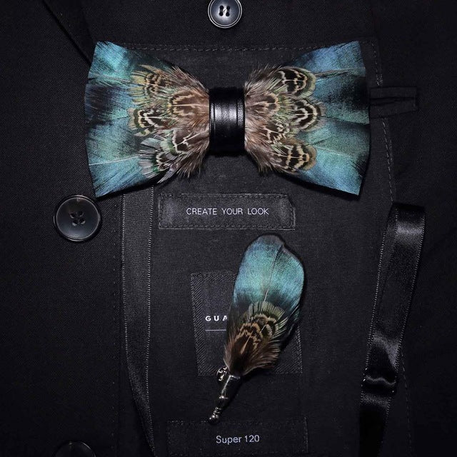 Natural Feather Handmade Bow Tie & Lapel Pin Gift Box Set For Men.