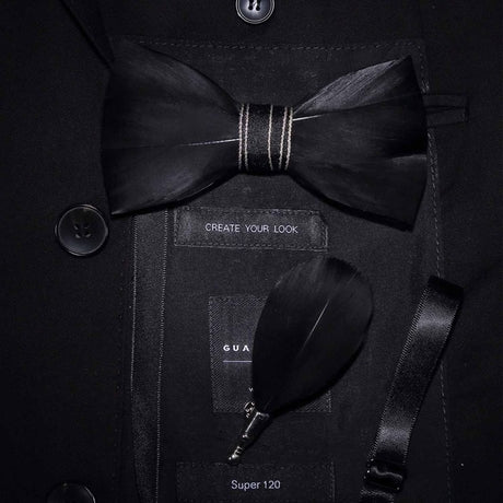 Natural Feather Handmade Bow Tie & Lapel Pin Gift Box Set For Men