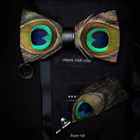 Natural Feather Handmade Bow Tie & Lapel Pin Gift Box Set For Men