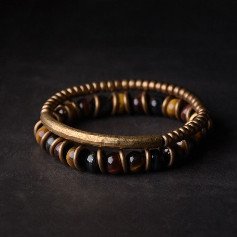 Tiger Eye Stone Bracelet Mixed Hammered Pure Copper Unisex Jewellery