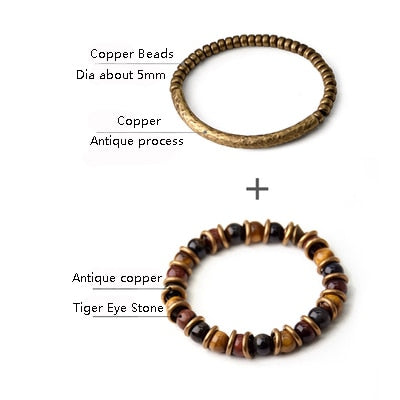 Tiger Eye Stone Bracelet Mixed Hammered Pure Copper Unisex Jewellery